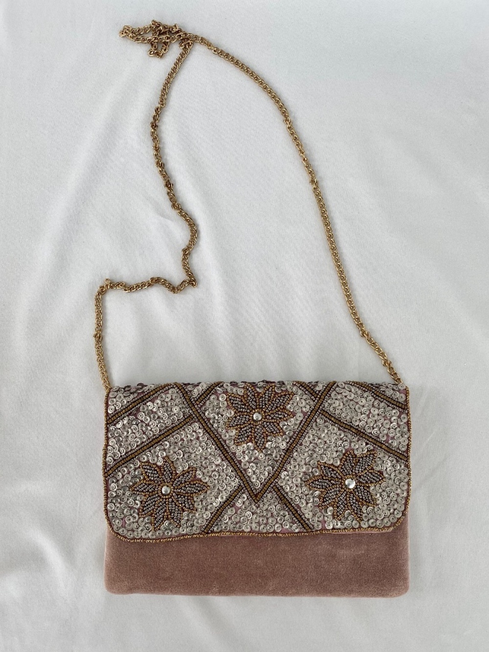Francesca’s Mauve Beaded Envelop Crossbody Purse with Gold Chain